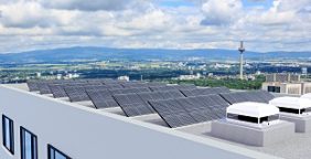 solar power panels installation on the roof of a high-rise building, 3D Illustration